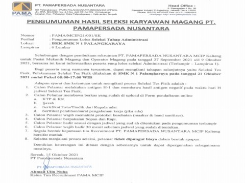 Pengumuman Hasil Seleksi Karyawan Magang PT. Pamapersada Nusantara Tahun 2021